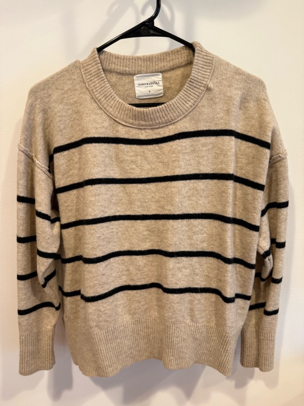 Sandro Beige Crewneck Sweater with Black Stripes